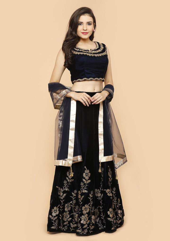 Midnight Blue Embellished Velvet Designer Lehenga-Koskii