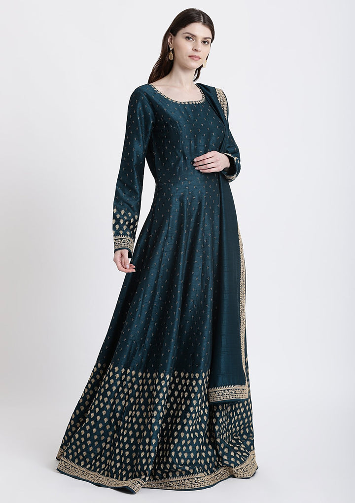 Peacock Blue Zariwork Rawsilk Designer Gown-Koskii