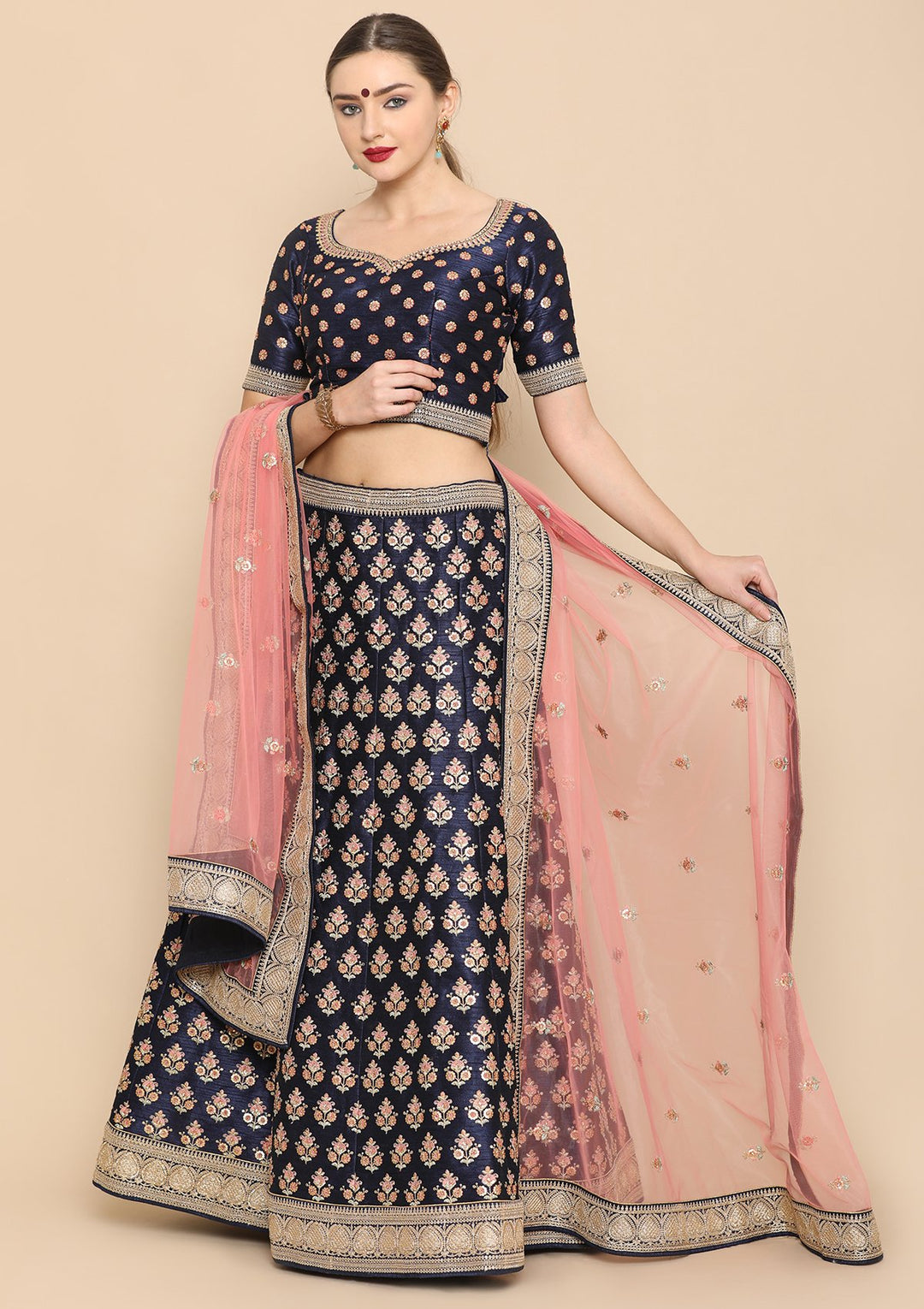 Navy Blue Sequinned Designer Lehenga-Koskii