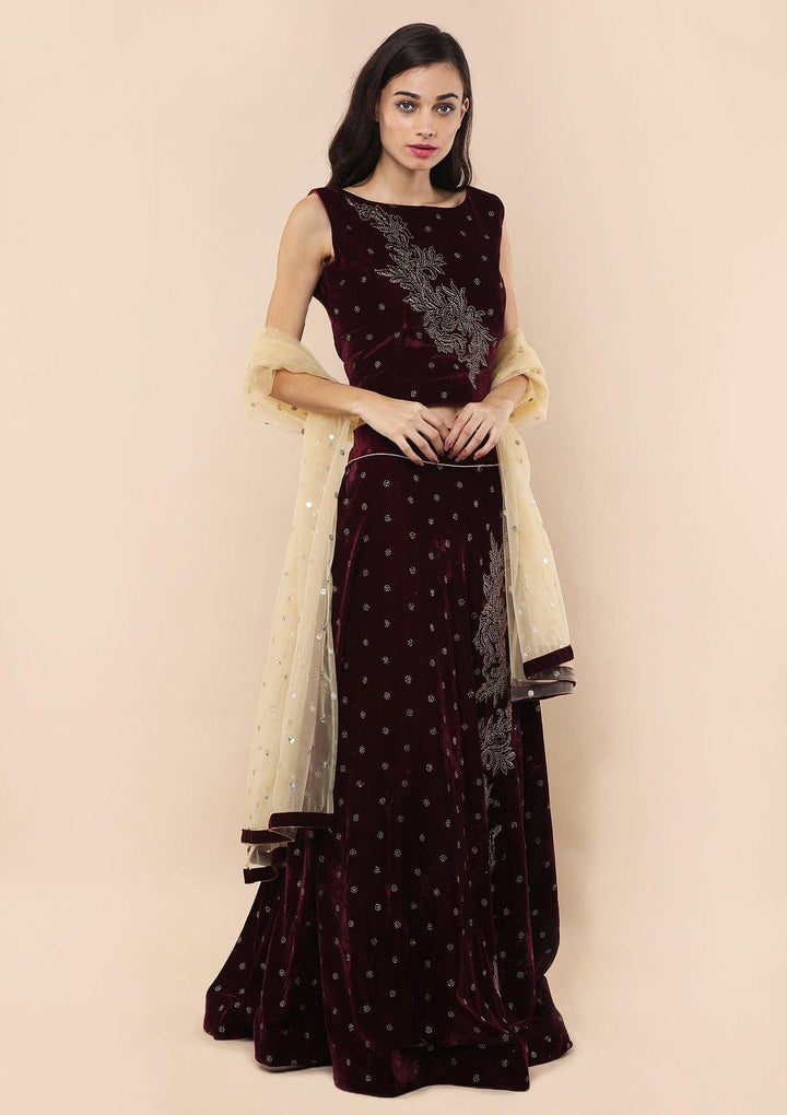 Red Wine Micro Stone Velvet Designer Lehenga-Koskii