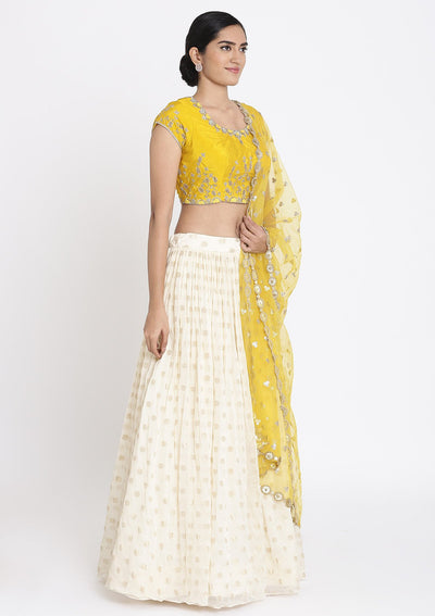 Cream And Yellow Zardosi Georgette Designer Lehenga - koskii