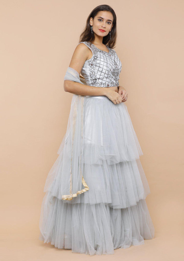 Silver Grey Ruffled Net Designer Lehenga-Koskii
