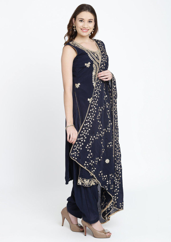 Navy Blue Gotapatti Semi Crepe Designer Salwar Suit-Koskii