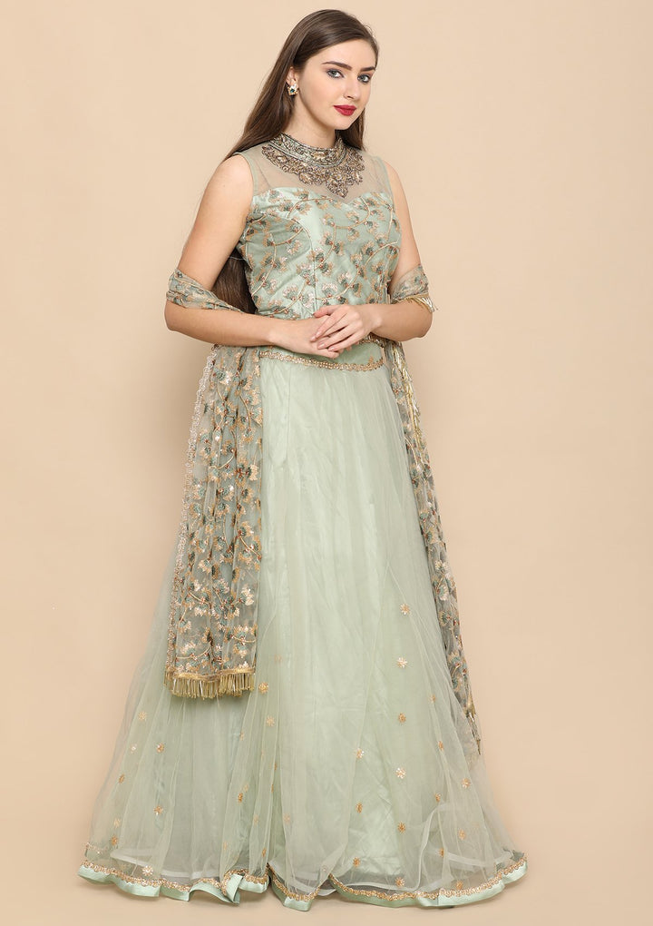 Green Zari Work Net Designer Lehenga-Koskii