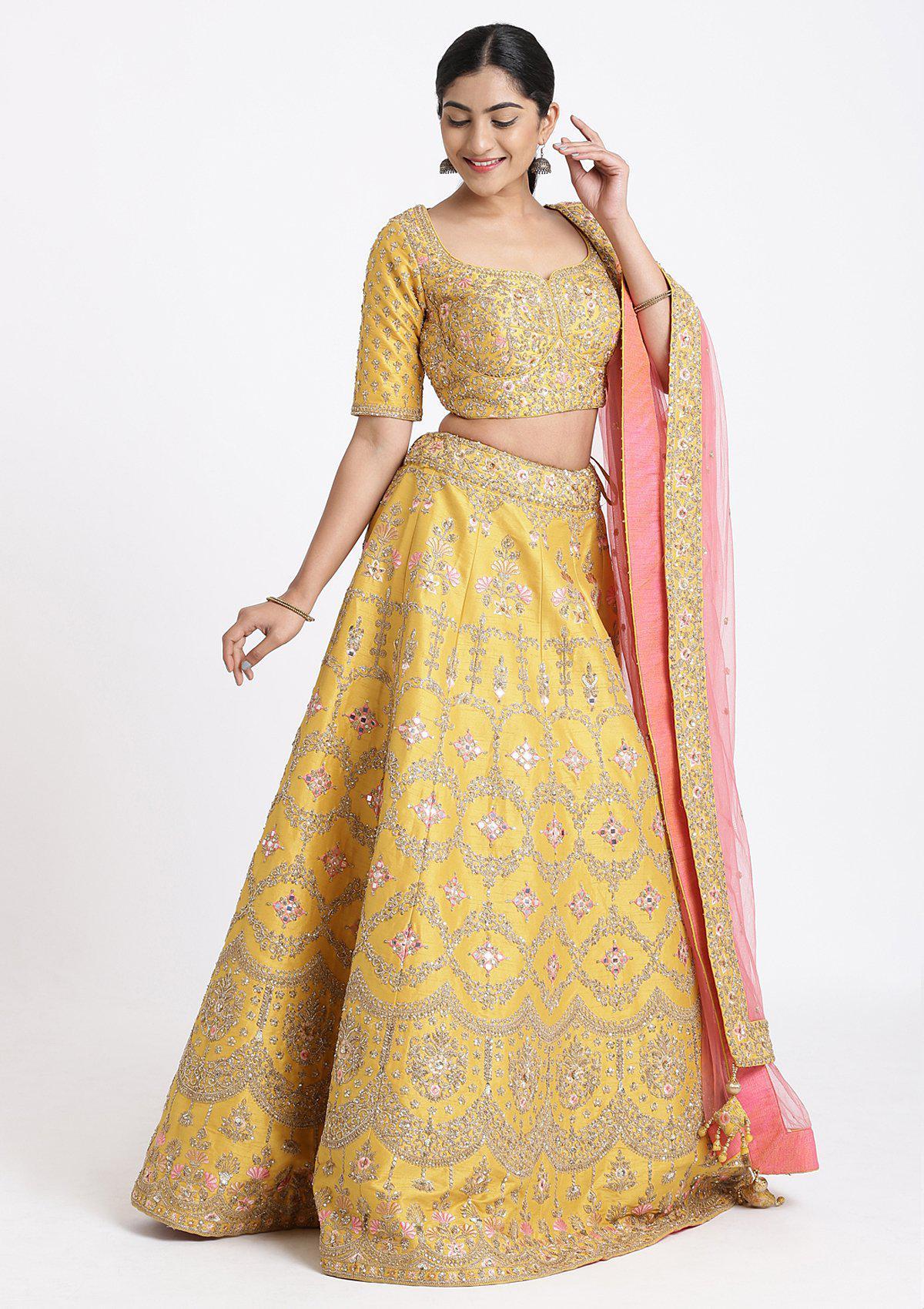 Yellow and Pink Sequinned Raw Silk Designer Lehenga-Koskii