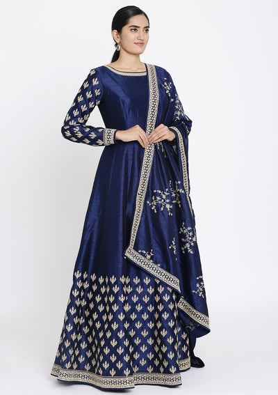 Navy Blue Zariwork Raw Silk Designer Gown - koskii