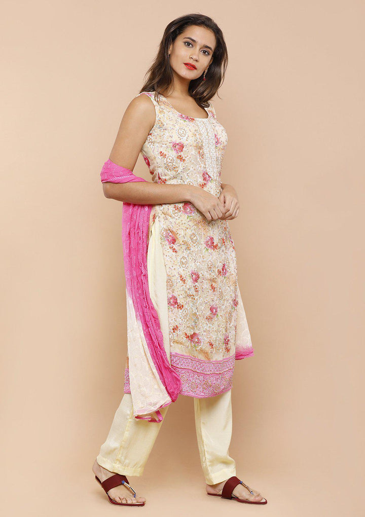 Cream and Pink Georgette Designer Salwar Suit-Koskii