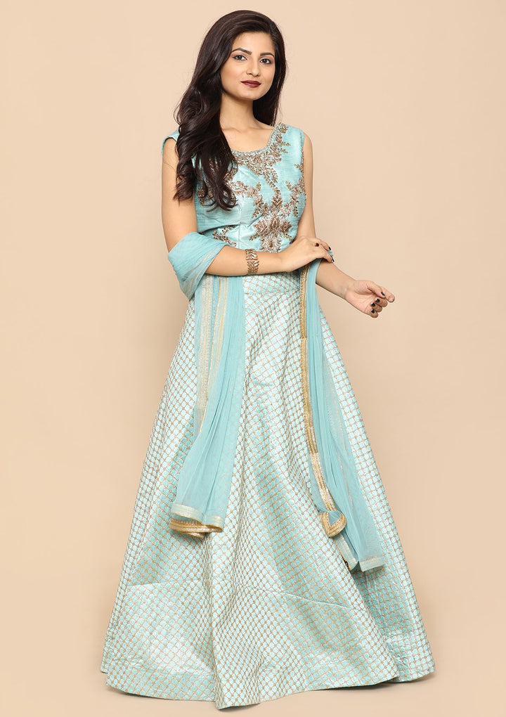 Sea Green Micro Stone Net Designer Lehenga-Koskii