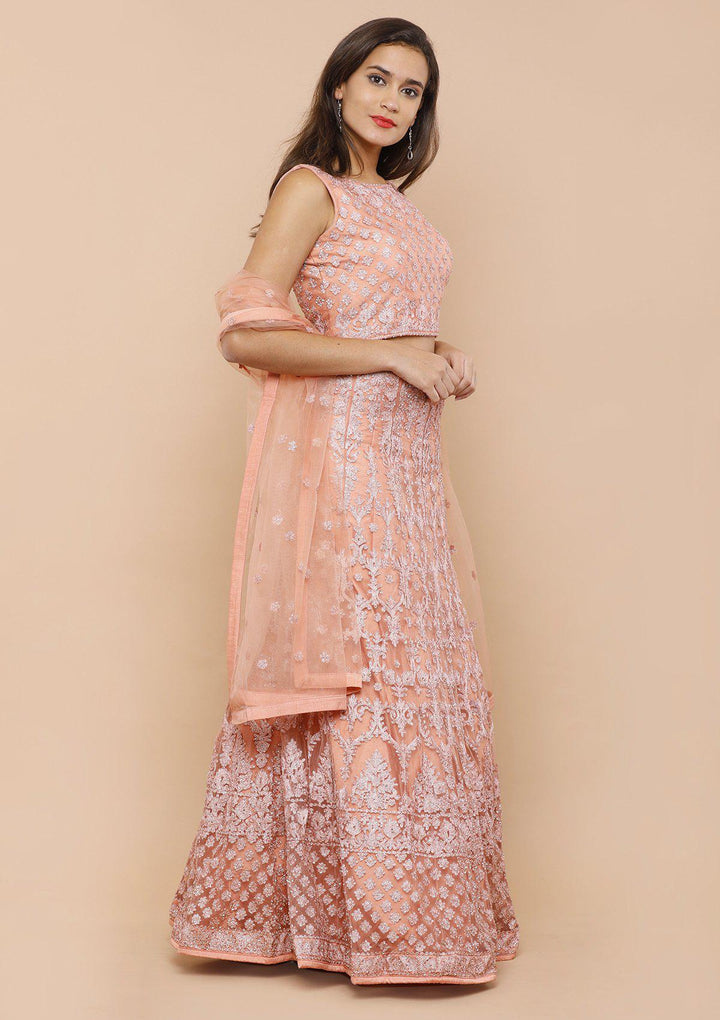 Peach Threadwork Net Designer Lehenga-Koskii