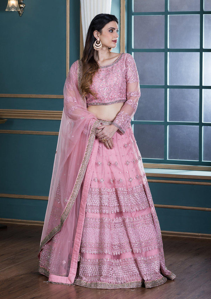 Pink Thread Work Net Designer Lehenga-Koskii