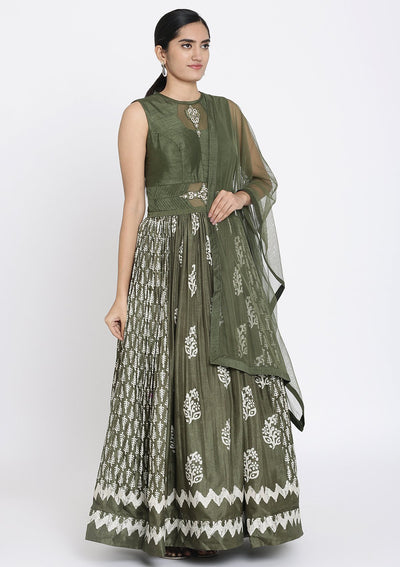 Mehendi Printed Art Silk Designer Gown - koskii