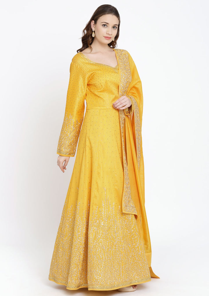 Yellow Swarovski Raw Silk Designer Gown-Koskii