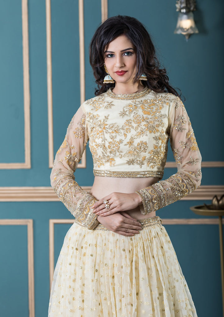 Yellow Embellished Net Designer Lehenga-Koskii