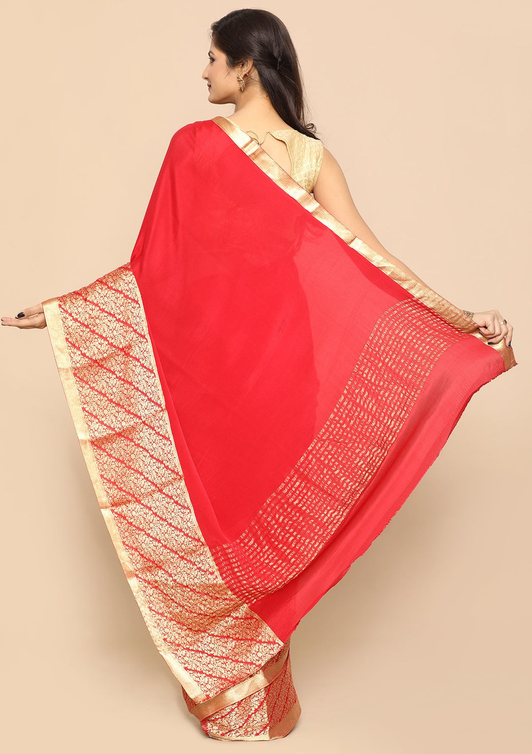 Bright Red Zari Bordered Handmade Saree-Koskii
