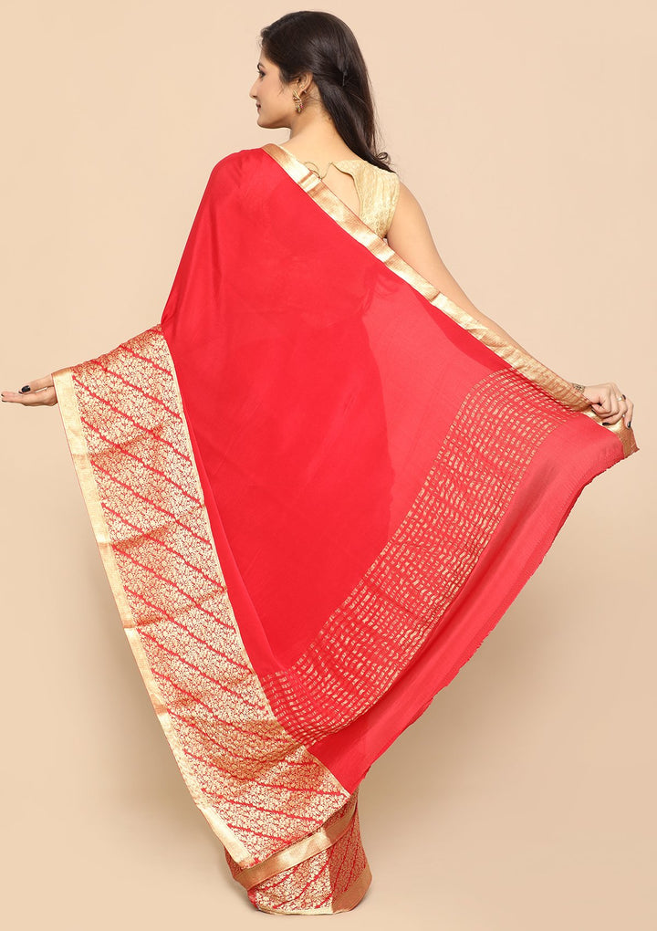 Bright Red Zari Bordered Handmade Saree-Koskii