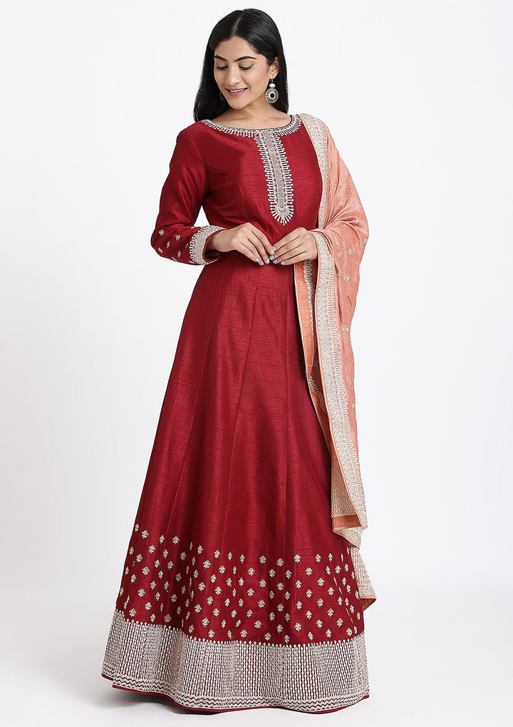 Maroon Zariwork Rawsilk Designer Gown-Koskii
