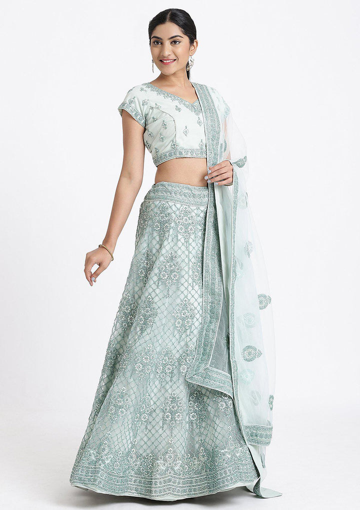 Sea Green Stone Work Net Designer Lehenga-Koskii