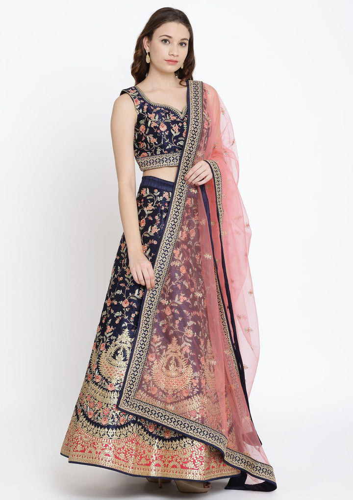 Navy Blue Gotapatti Rawsilk Designer Lehenga-Koskii