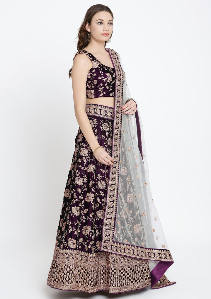 Wine Stonework Velvet Designer Lehenga-Koskii
