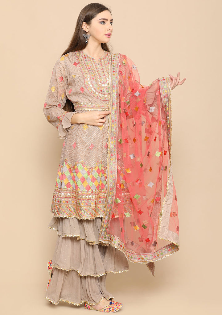 Brown Thread Work Net Designer Sharara-Koskii