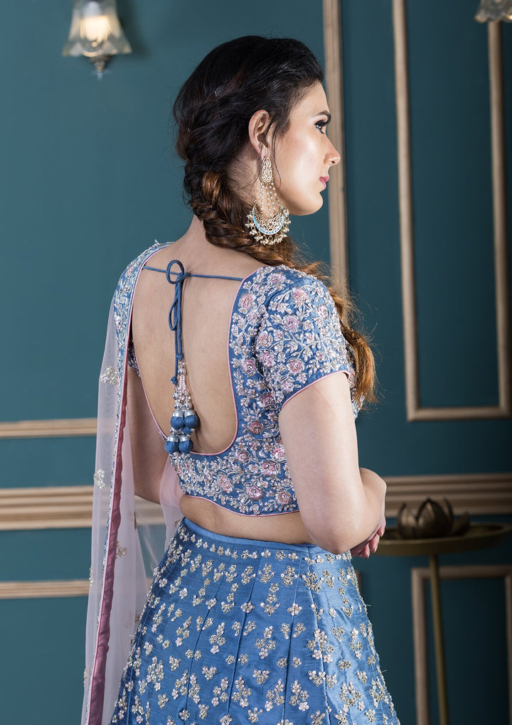Blue Embellished Silk Designer Lehenga-Koskii