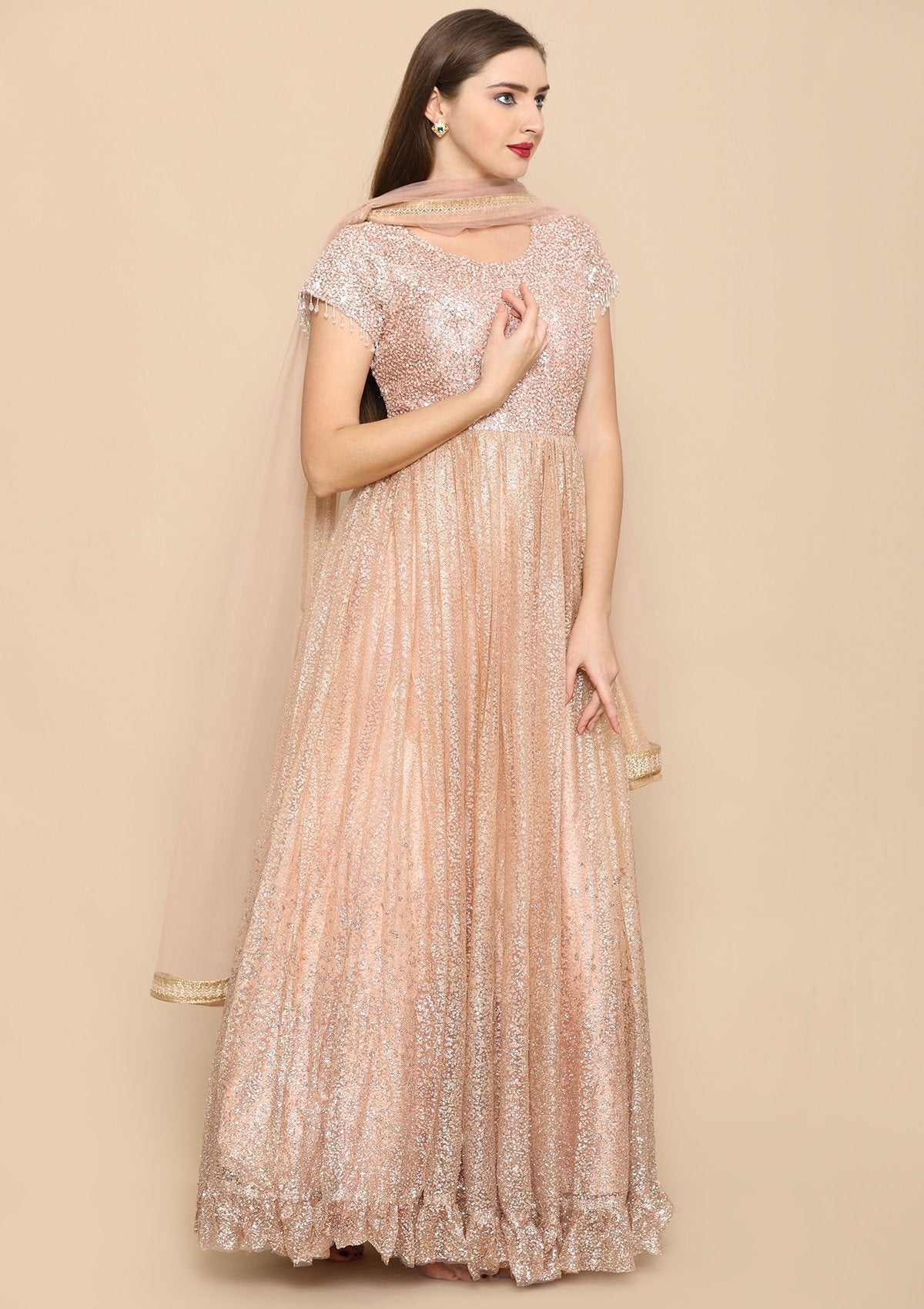 Peach Shimmer Work Silk Designer Gown-Koskii