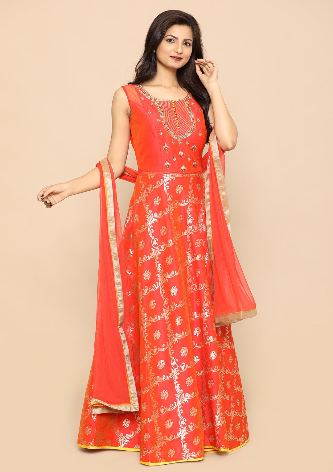 Orange Zari Work Silk Designer Gown-Koskii
