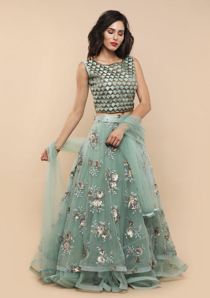 Sea Green Floral Net Designer Lehenga-Koskii