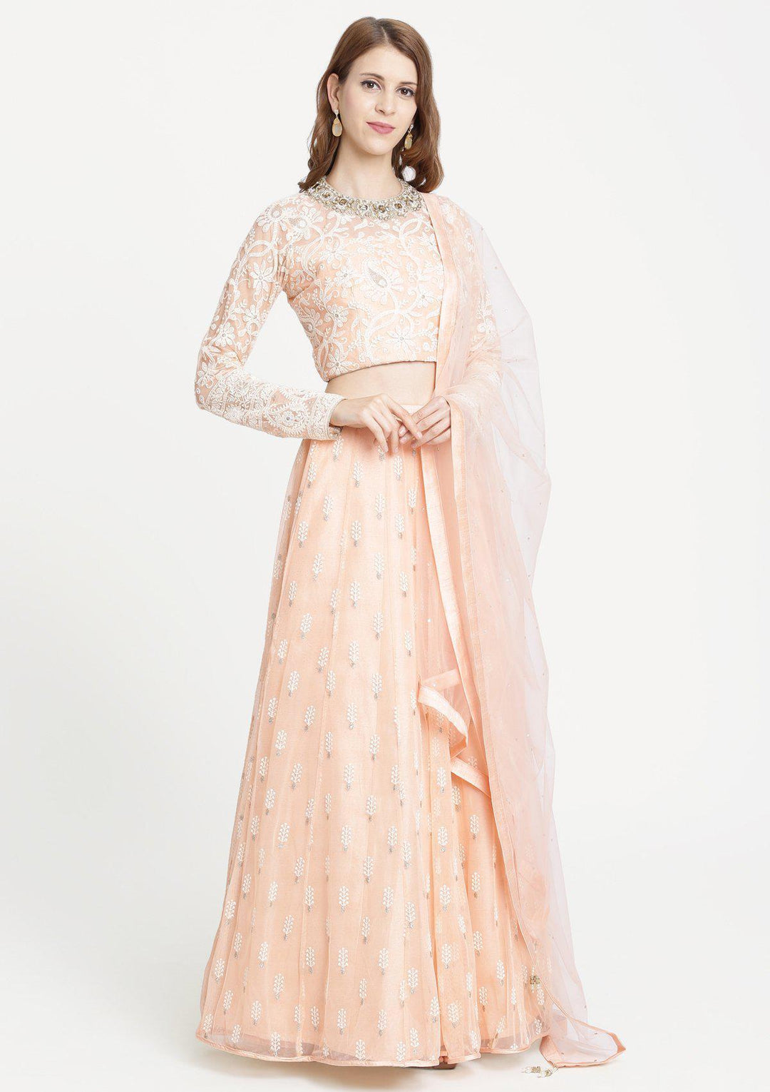 Peach Threadwork Net Designer Lehenga-Koskii