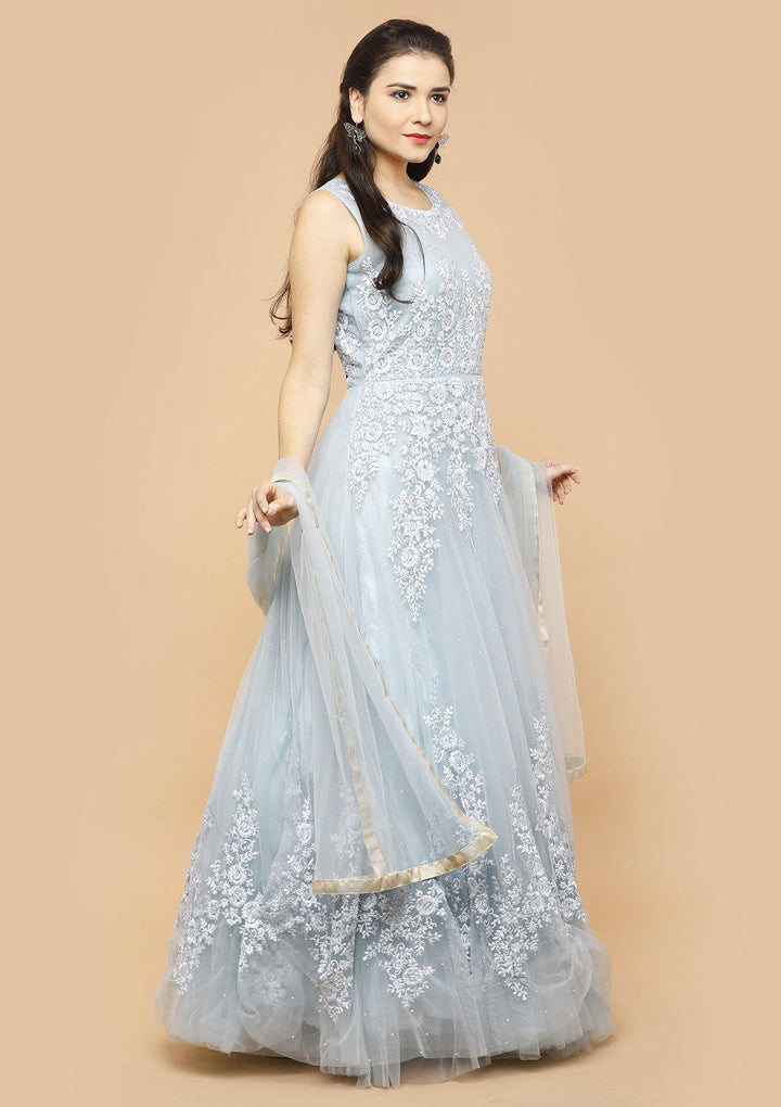 Powder Blue Threadwork Net Designer Gown-Koskii
