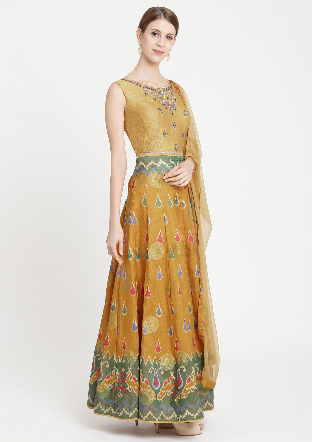 Mustard Stonework Banarasi Designer Gown-Koskii