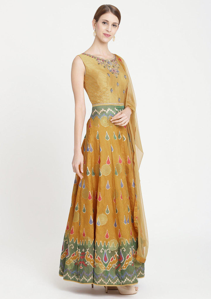 Mustard Stonework Banarasi Designer Gown-Koskii