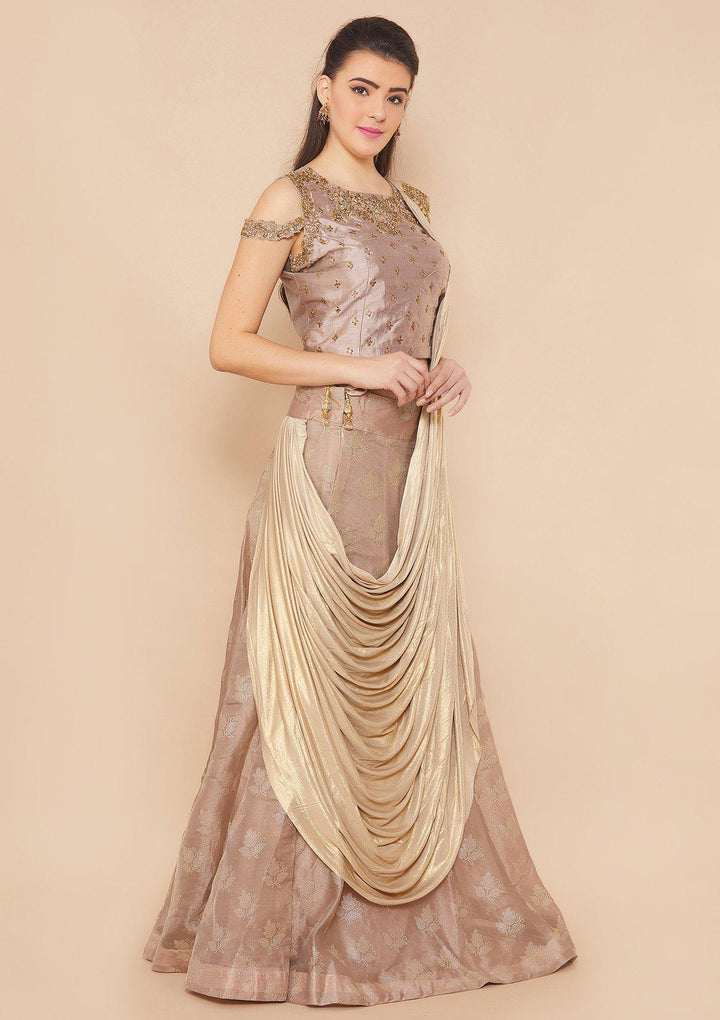 Koskii Stonework Rawsilk TAUPE Lehenga-Koskii
