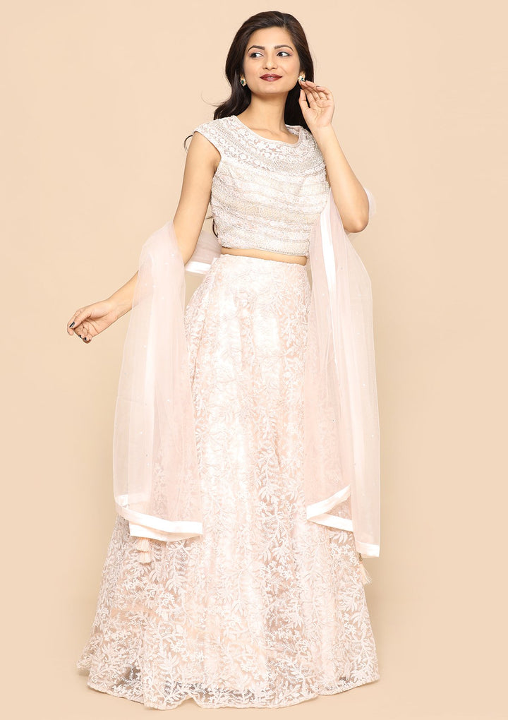 Pink Pearl Embellished Satin Designer Lehenga-Koskii
