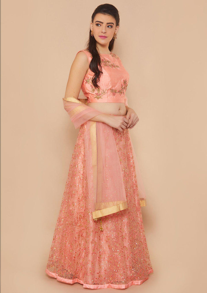 Peach Zariwork Net Designer Lehenga-Koskii
