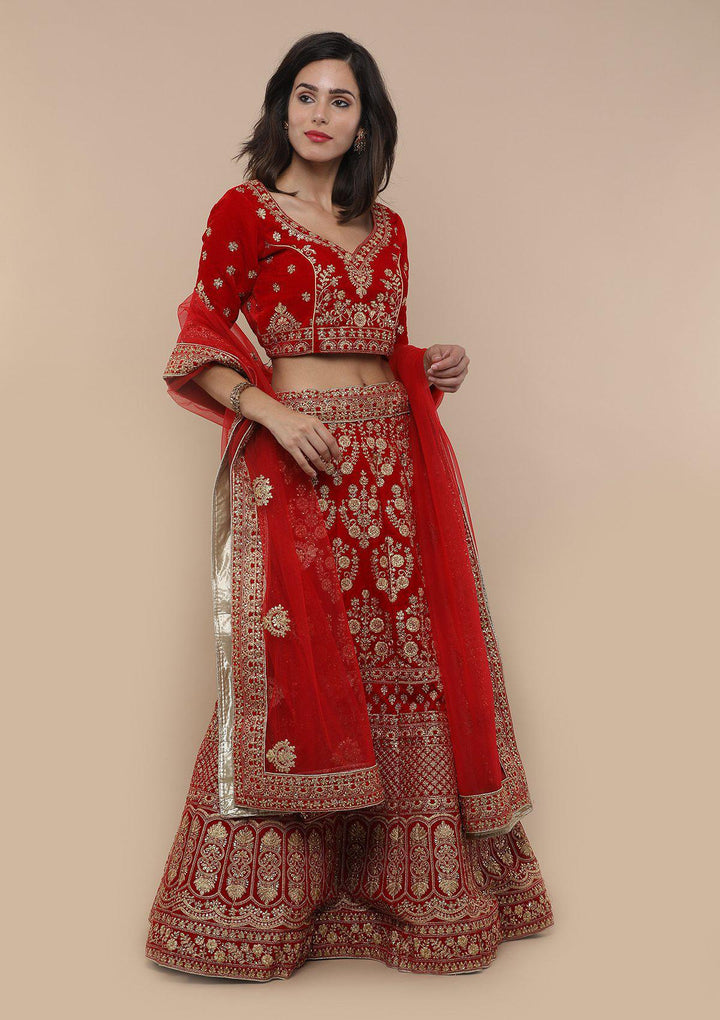 Red Embellished Velvet Designer Lehenga-Koskii