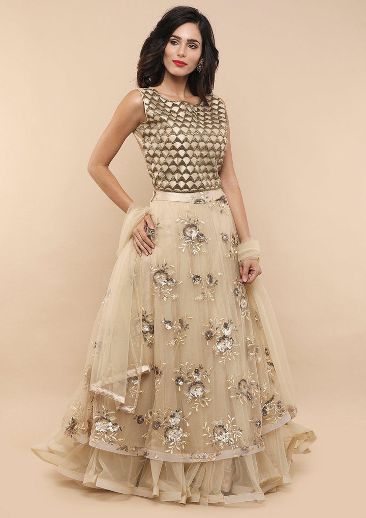KOSKII BEIGE FLORAL NET LEHENGA-Koskii