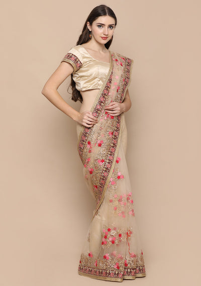 Beige Thread Work Silk Designer Saree-Koskii
