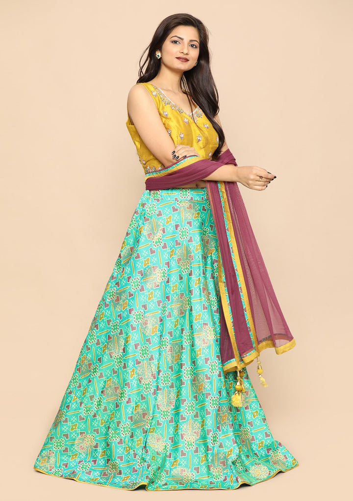 Green Thread Work Silk Designer Lehenga-Koskii