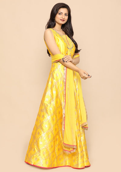 Yellow Zari Work Silk Designer Gown-Koskii