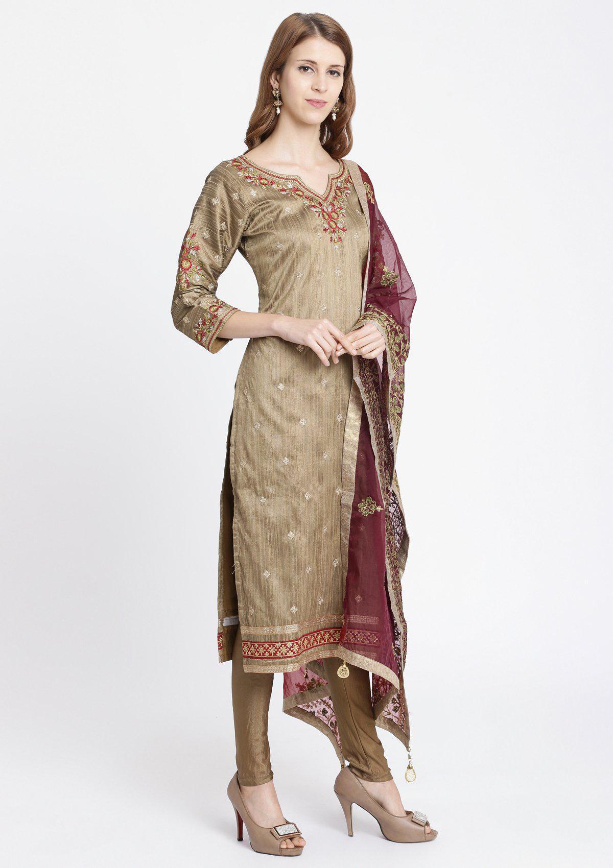 Mehendi Threadwork Rawsilk Designer Salwar Suit-Koskii