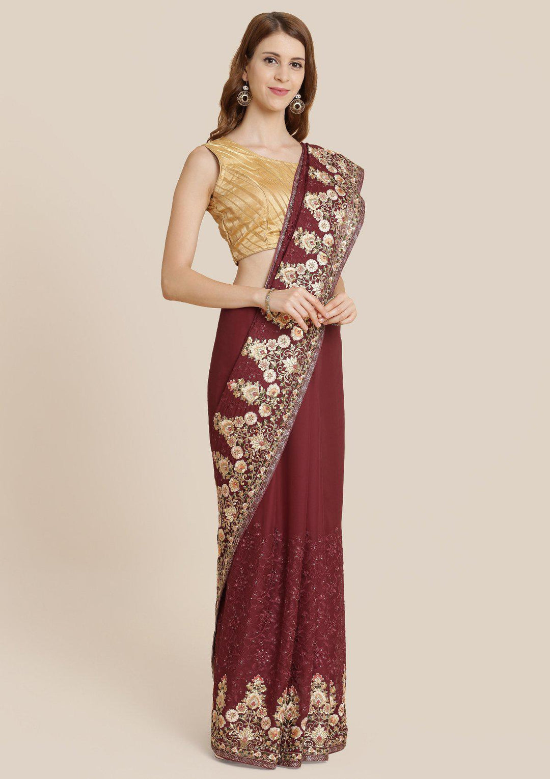 Maroon Threadwork Art Silk Designer Saree-Koskii