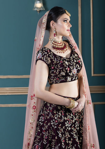 Wine Red Zardozi Work Velvet Designer Lehenga-Koskii