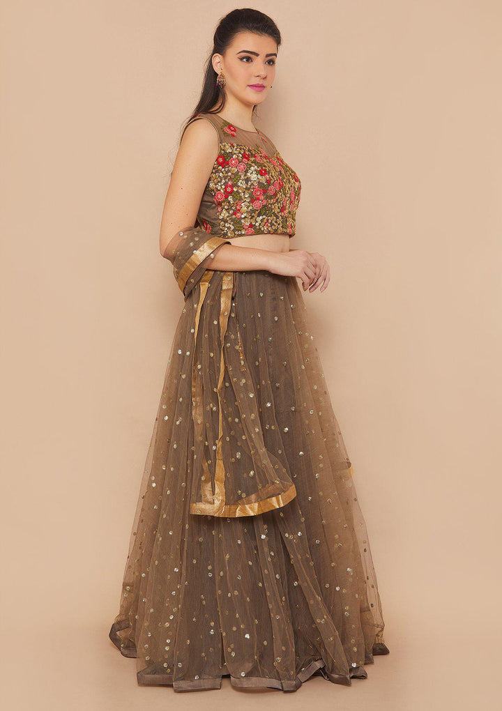 Koskii Zariwork Net BROWN Lehenga-Koskii