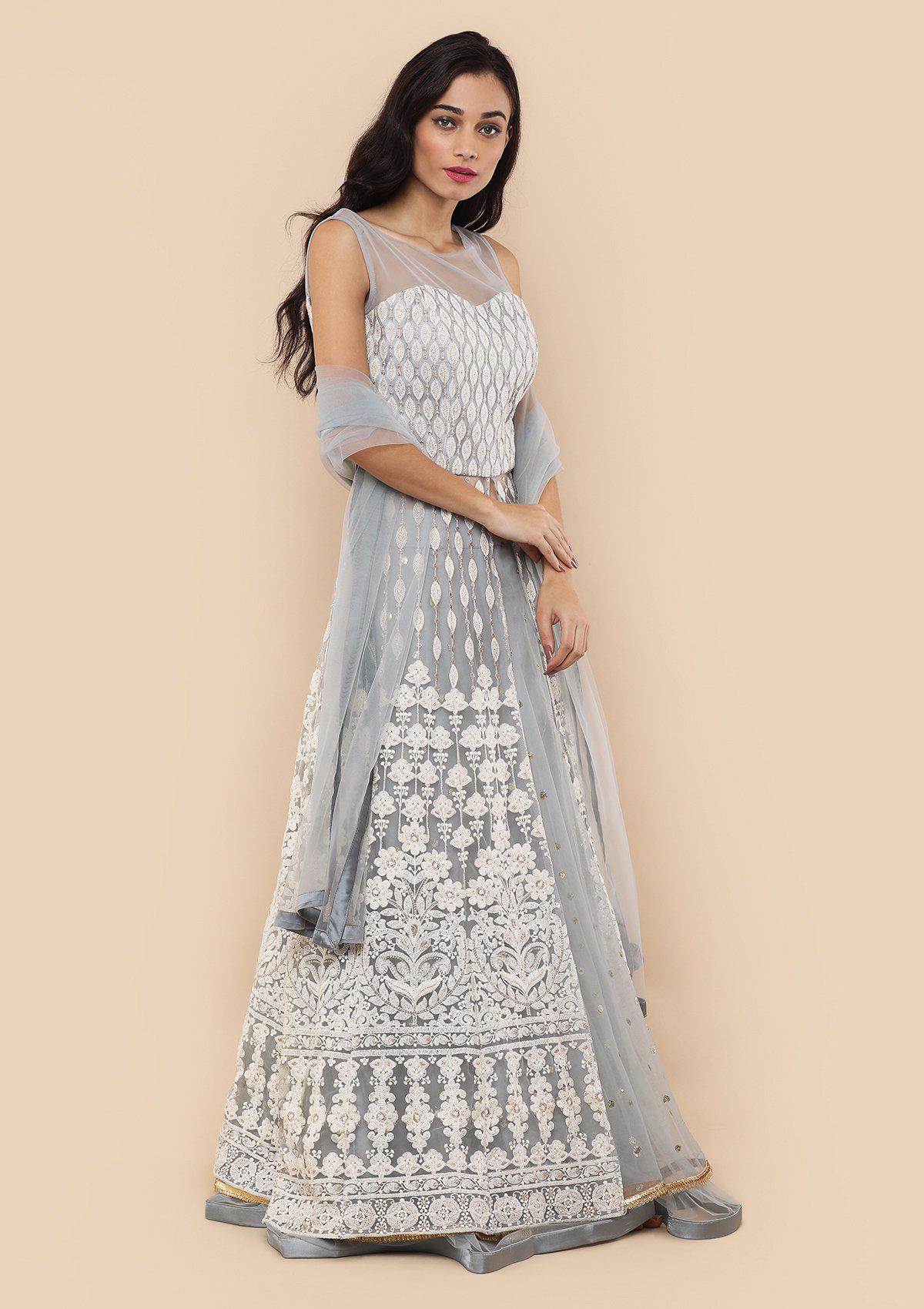 Grey Indo-Western Embroidered Designer Dress-Koskii