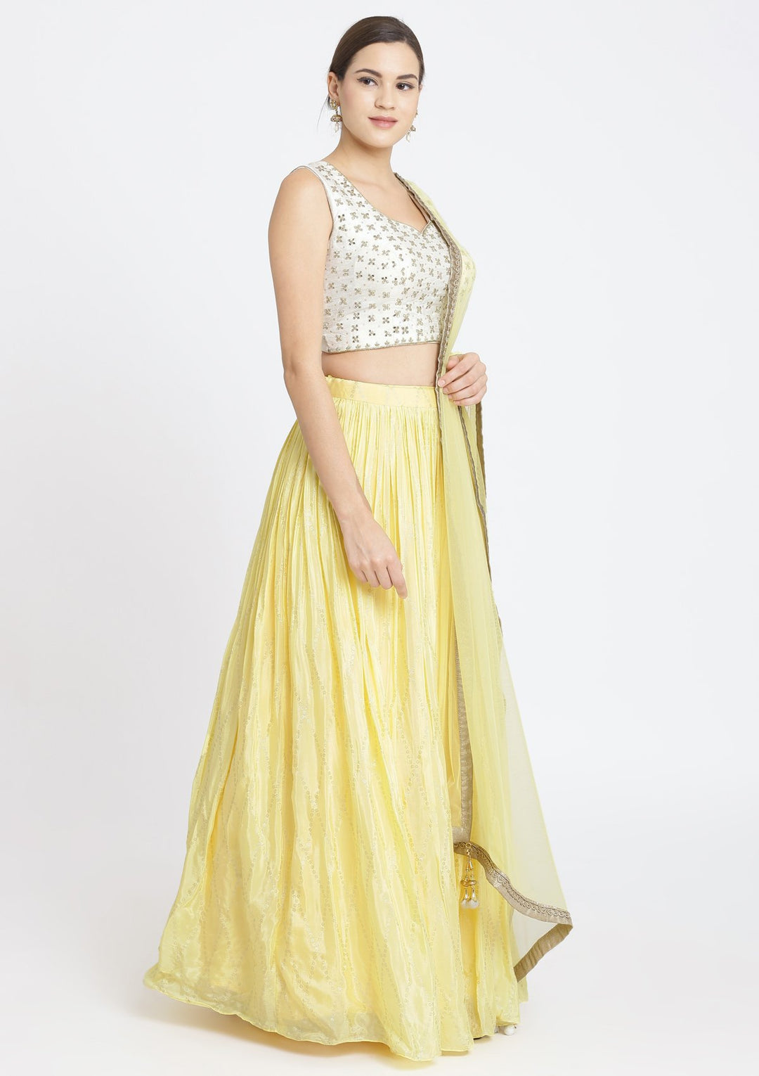 Yellow and Off-White Mirrorwork Satin Designer Lehenga-Koskii
