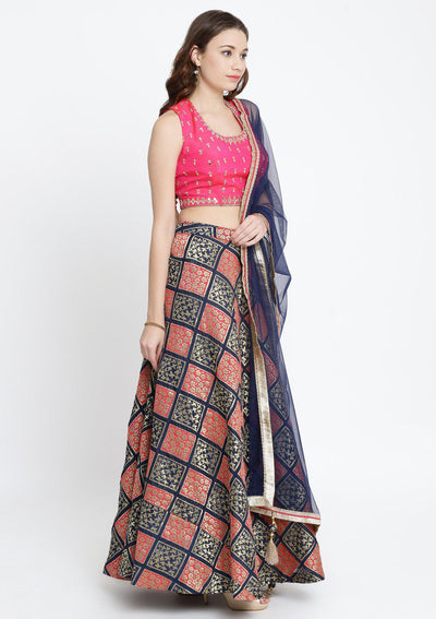 Navy Blue and Fuschia Mirrorwork Brocade Designer Lehenga-Koskii