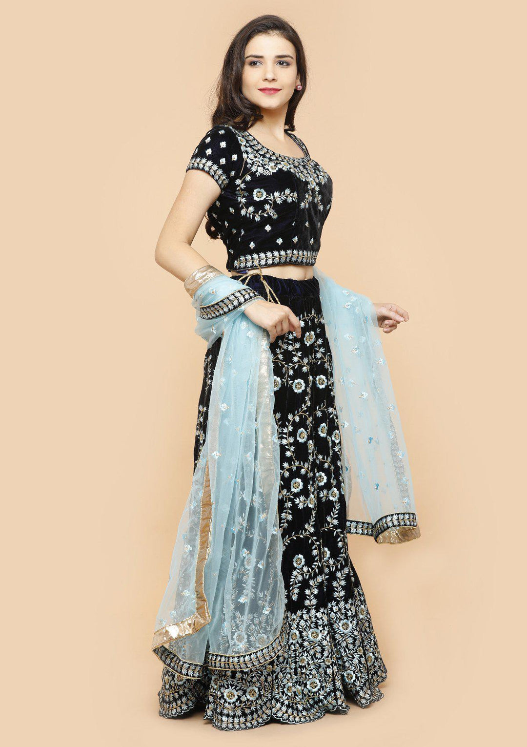 koskii blue floral velvet bridal lehenga-Koskii