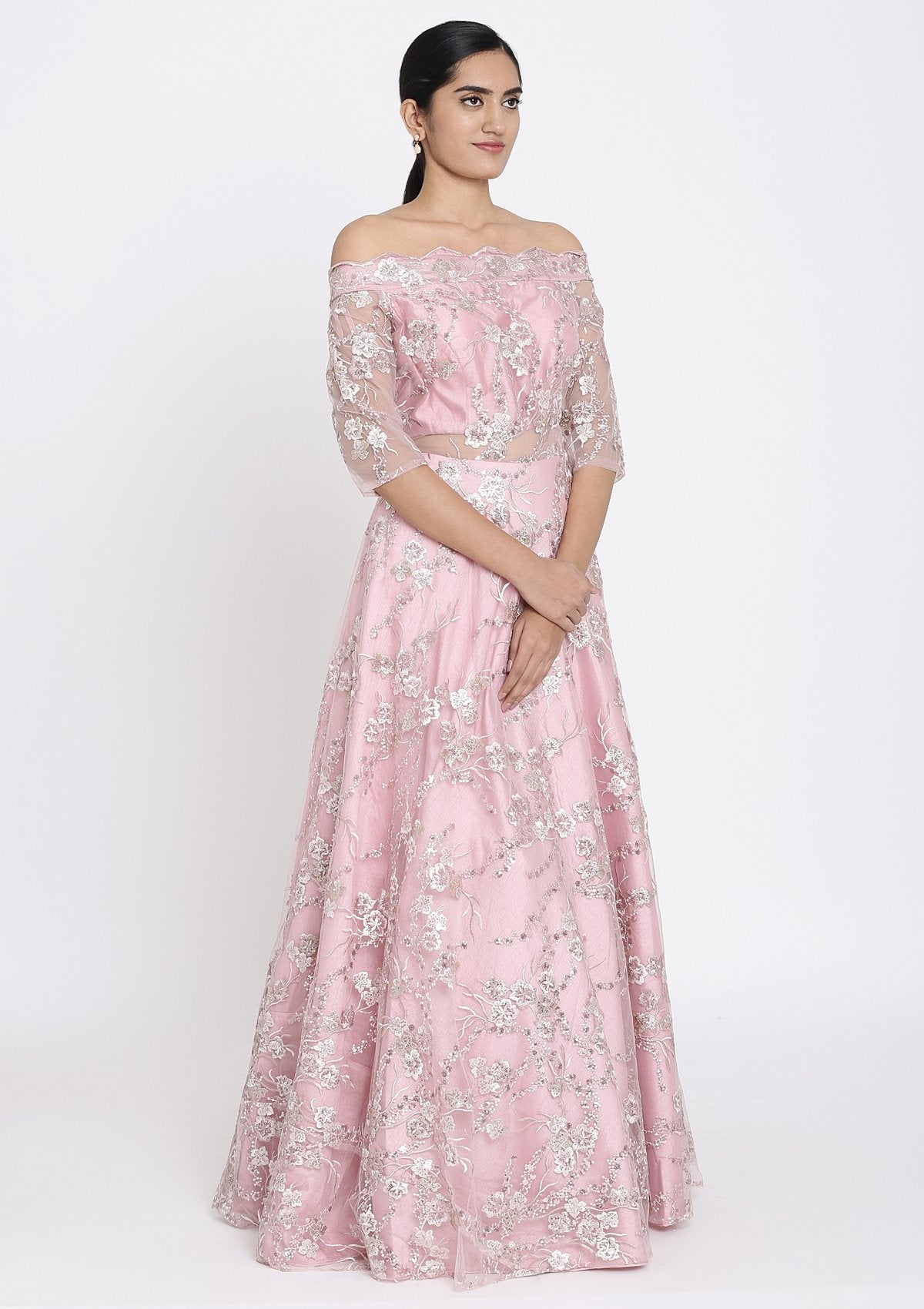 Pink Sequins Net Designer Gown - koskii