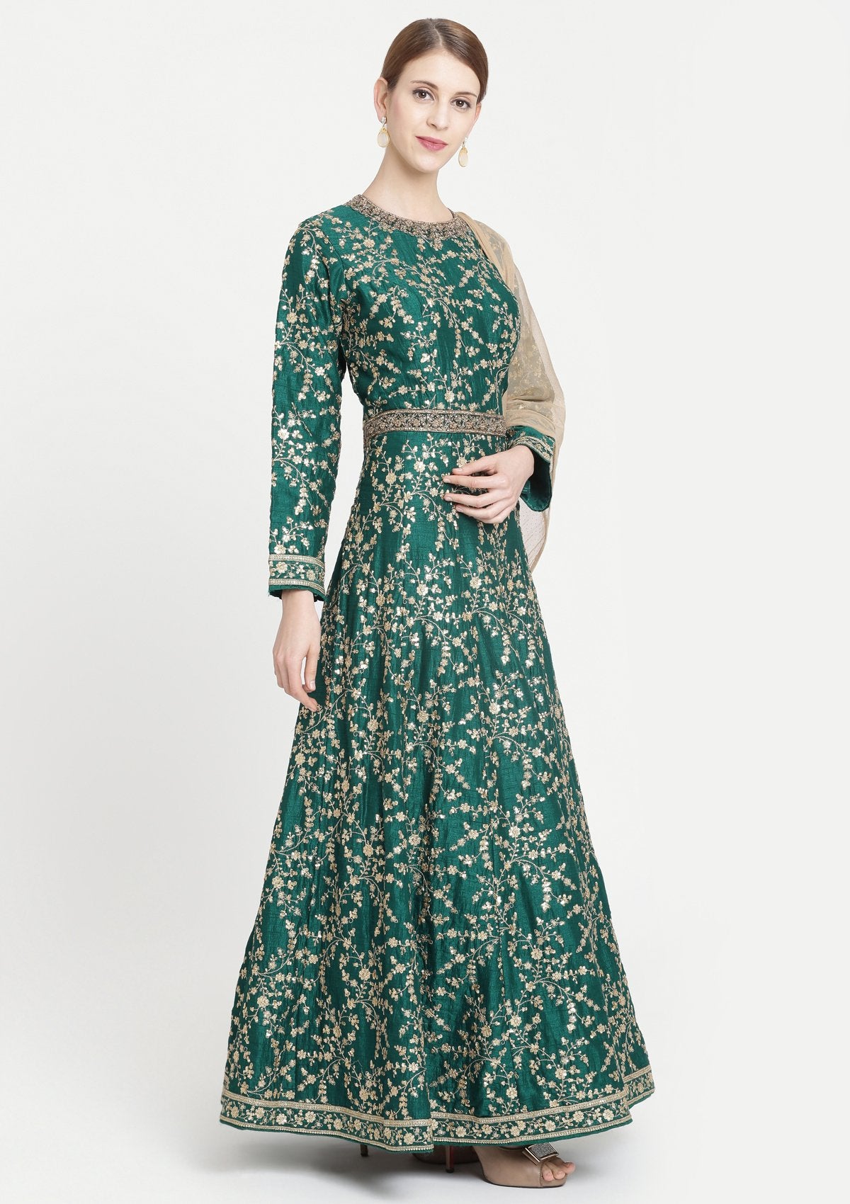 Rama Green Zariwork Rawsilk Designer Gown-Koskii